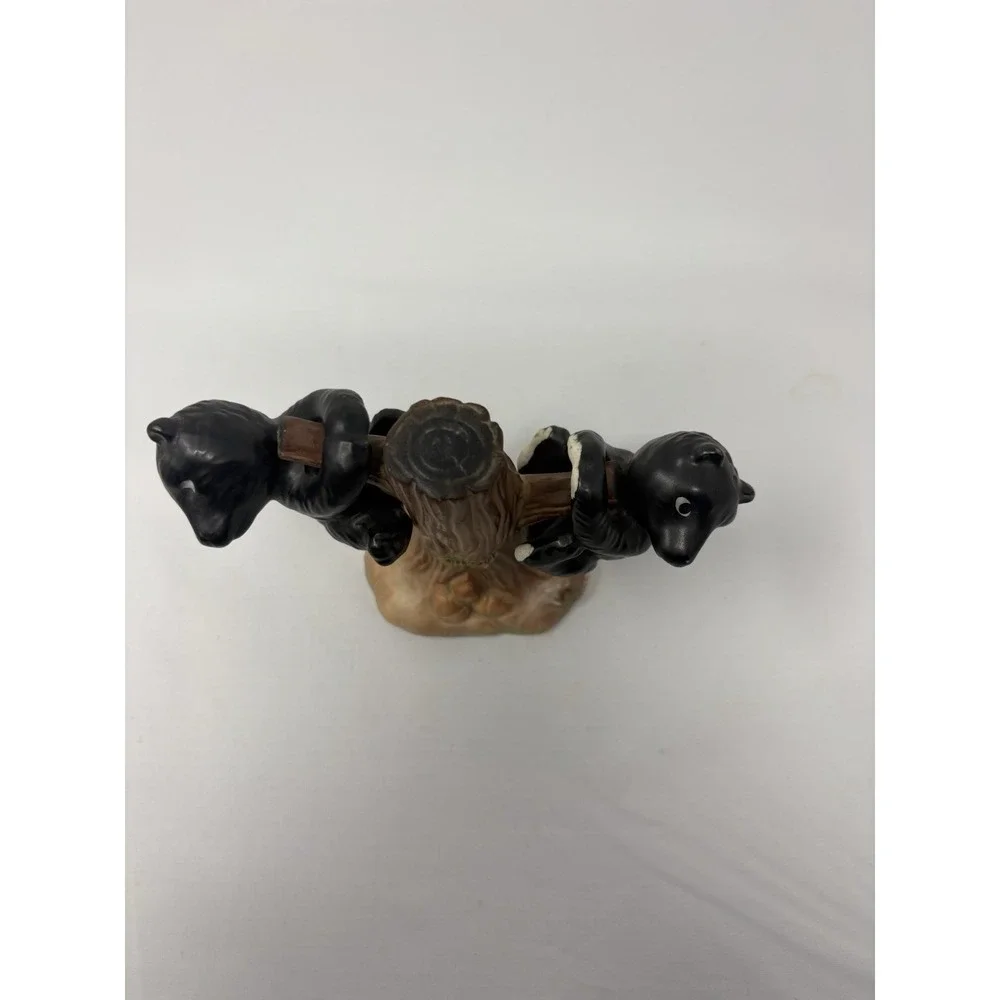 Vintage Japan Ceramic Black White Bear Cubs Hanging Tree Salt Pepper Shakers MCM